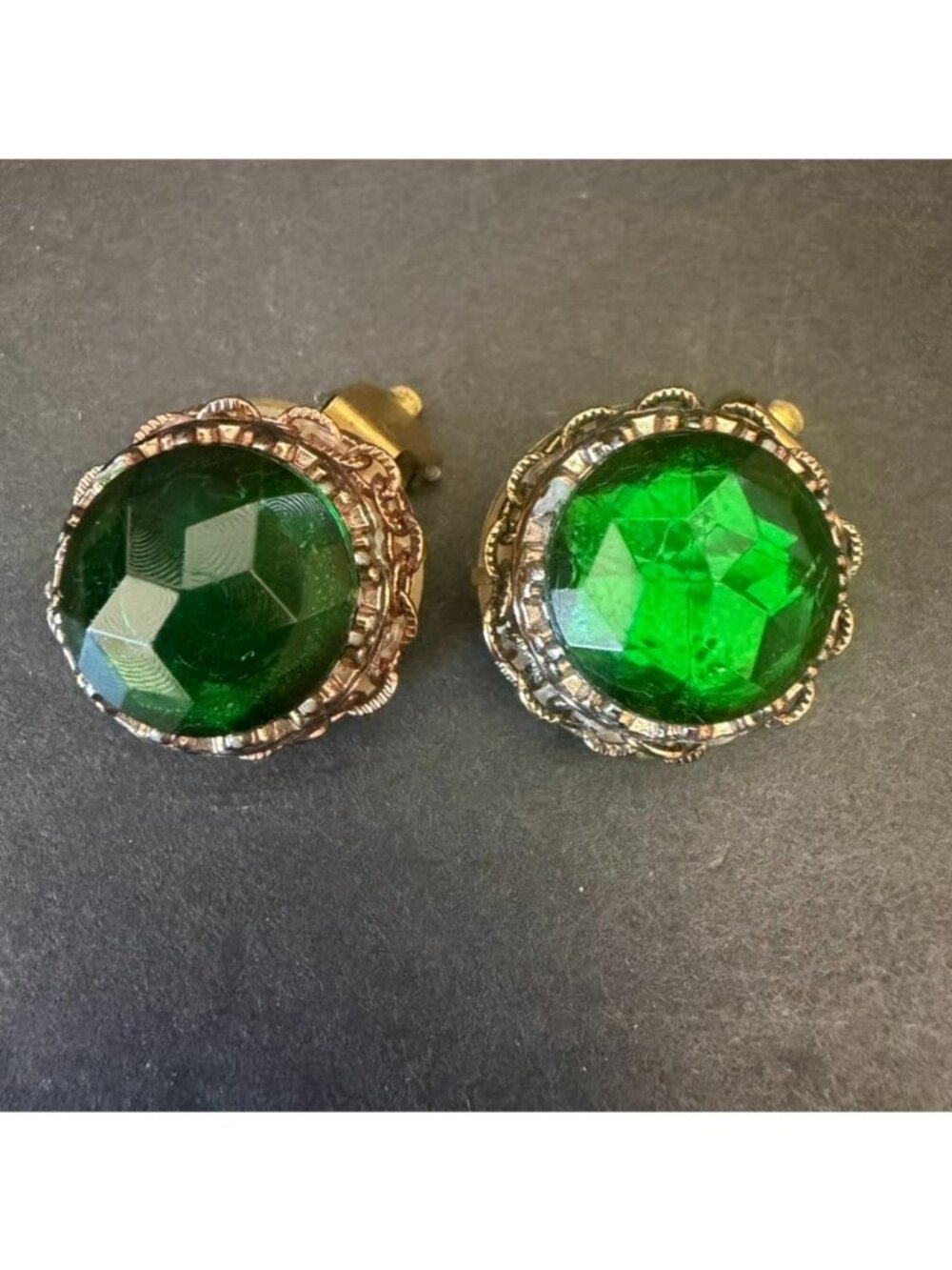Vintage West Germany Green Glass Cabochon Filigree Clip-On Earrings